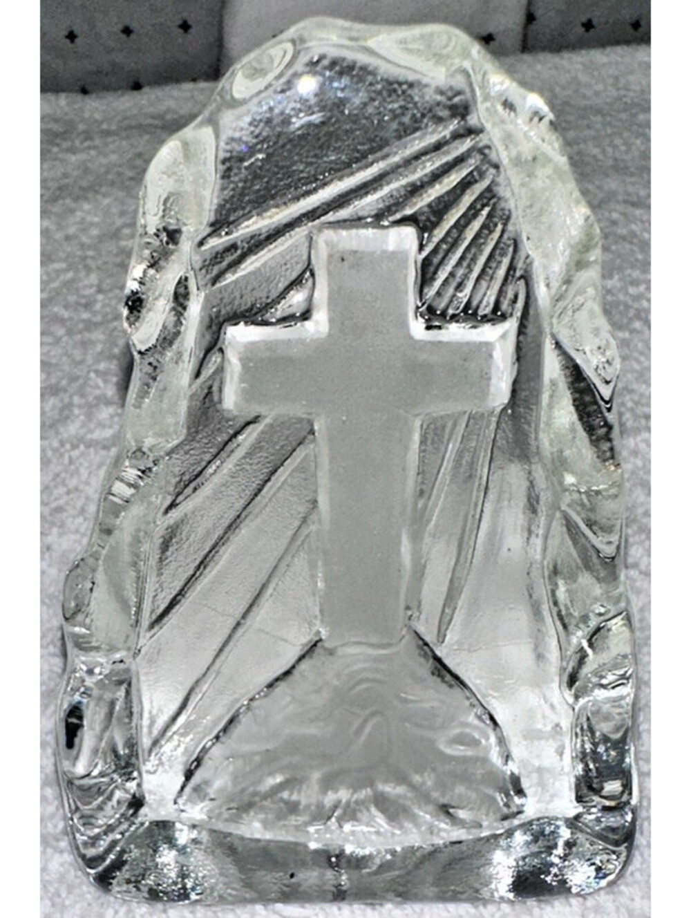 Glass Iceberg Etched Christian Cross 4” Religion Paperweight